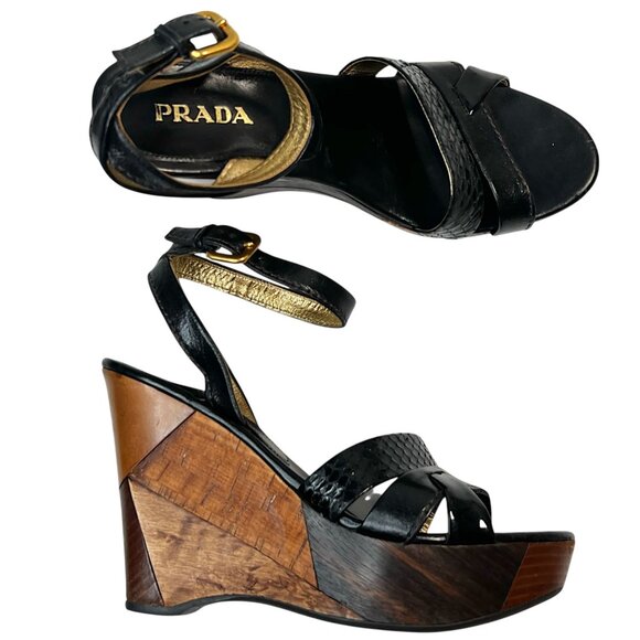 Prada Patchwork Wedges Retro Leather Wood Cork Y2K Boho Platform Heel Black 39.5 - Picture 5 of 16